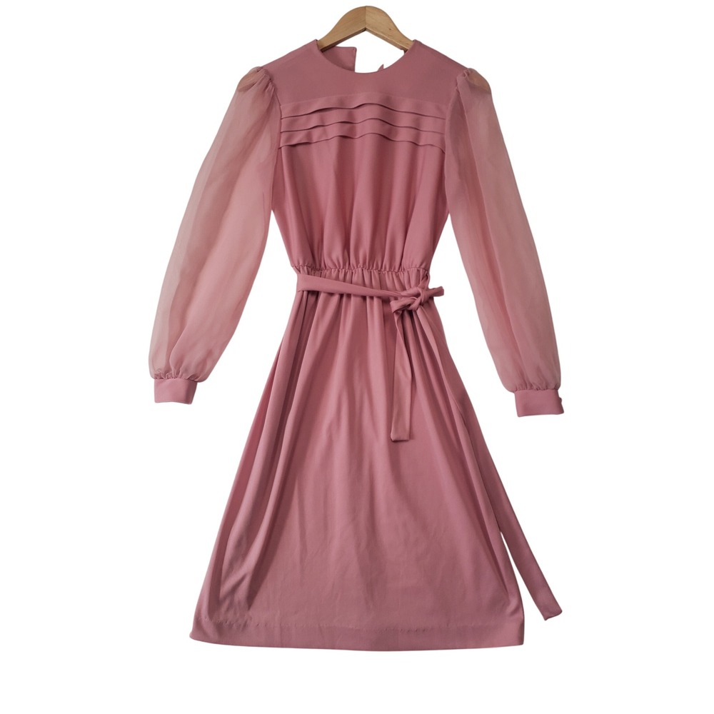 Vintage 70s Midi‎ Dress Womens Small Pink Sheer Chiffon Sleeve Pleated Belted